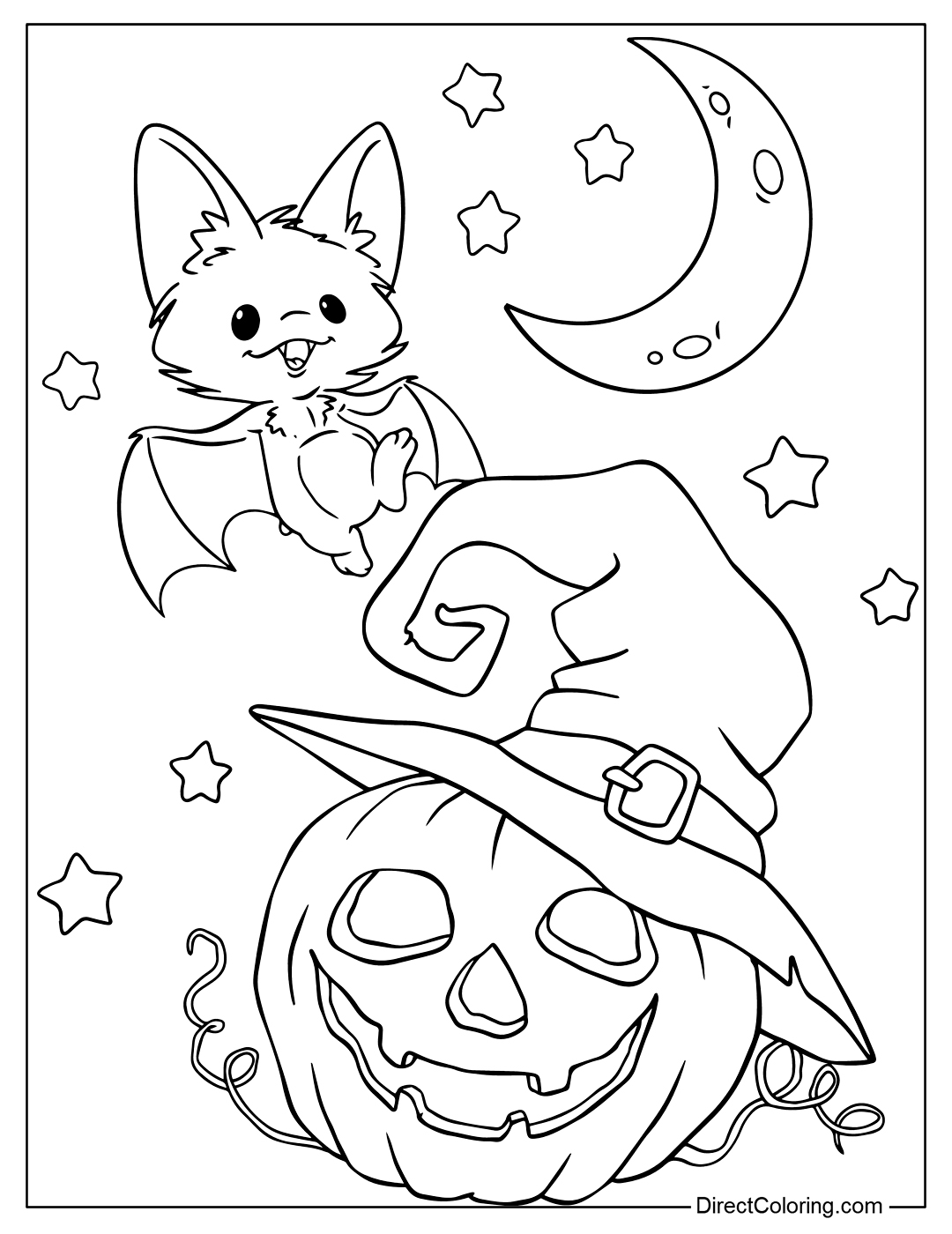 Coloring Bat and a Pumpkin in a Witch Hat Halloween